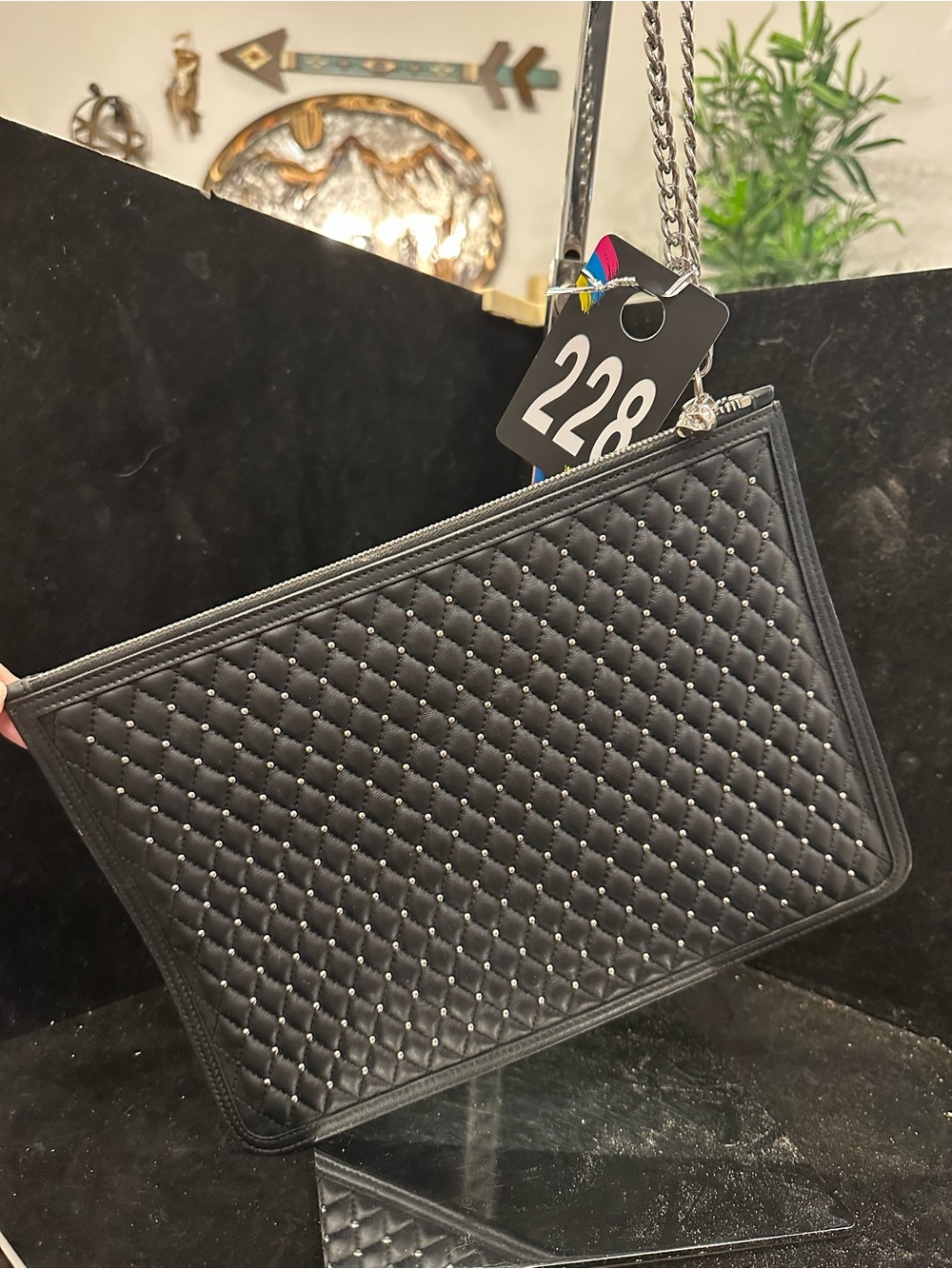 Alexander McQueen#228 VINTAGE Black Quilted Leather Studded Skull Zip Clutch